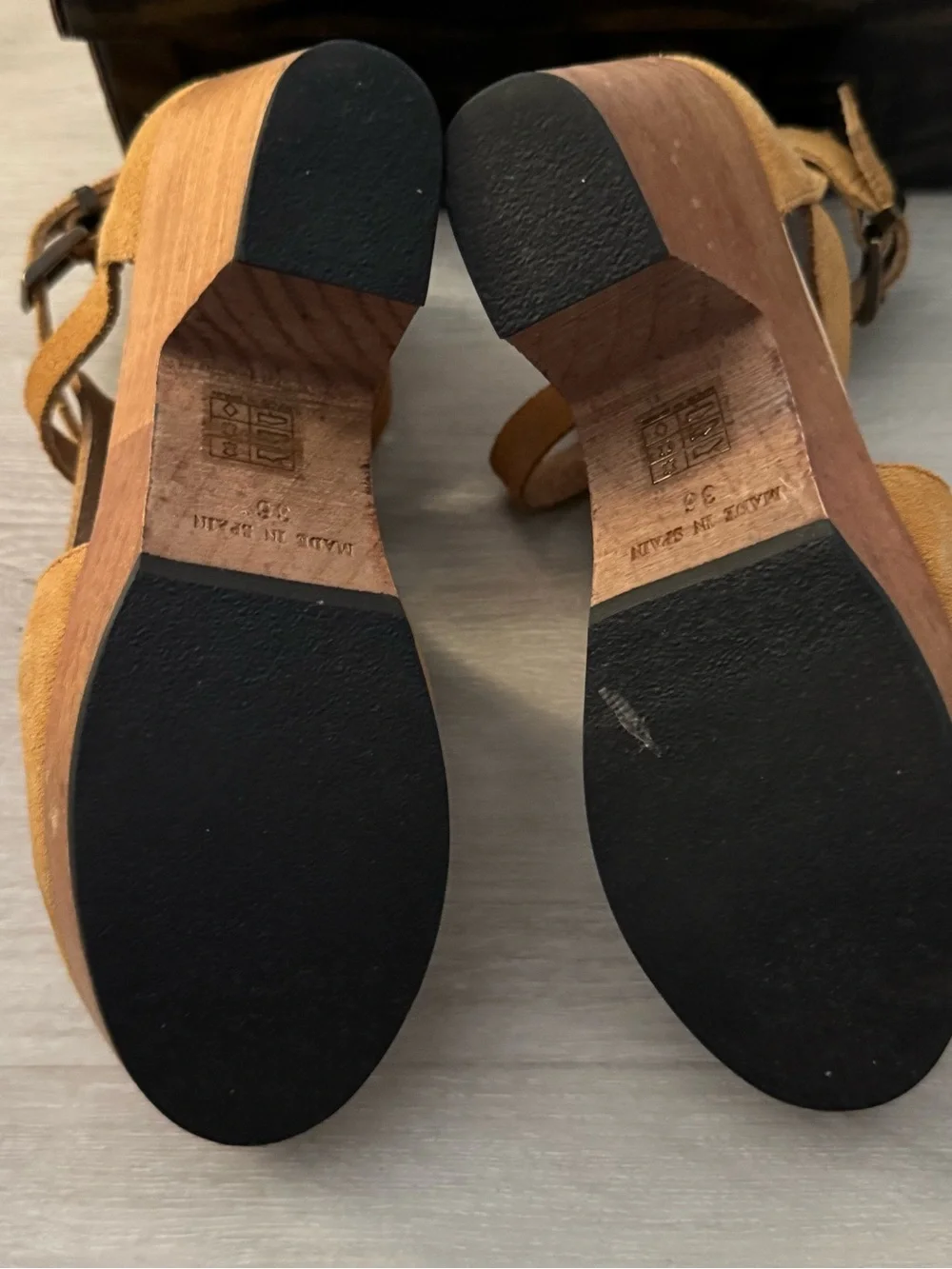 Free People Cedar Clogs, featuring tan suede with a chunky wooden platform heel